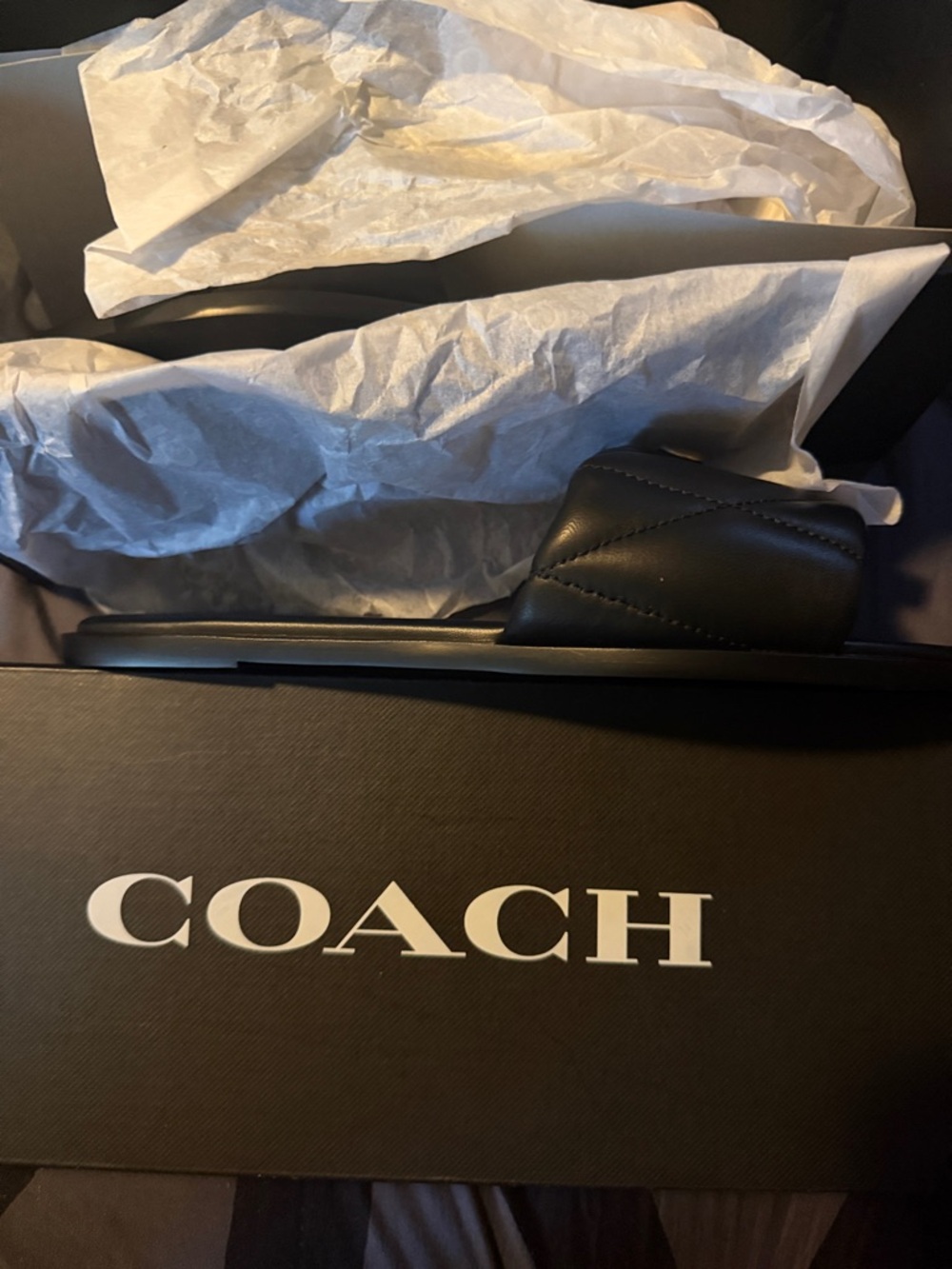 Coach Black Quilted Slide Sandal with Gold 'C' Accent - Picture 4 of 5